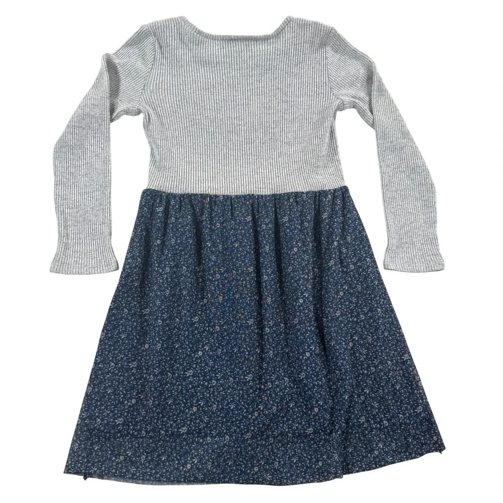 OshKosh Bgosh Girls Grey Ribbed Knit Navy Floral Long Sleeve Dress Size‎ 10 10A
